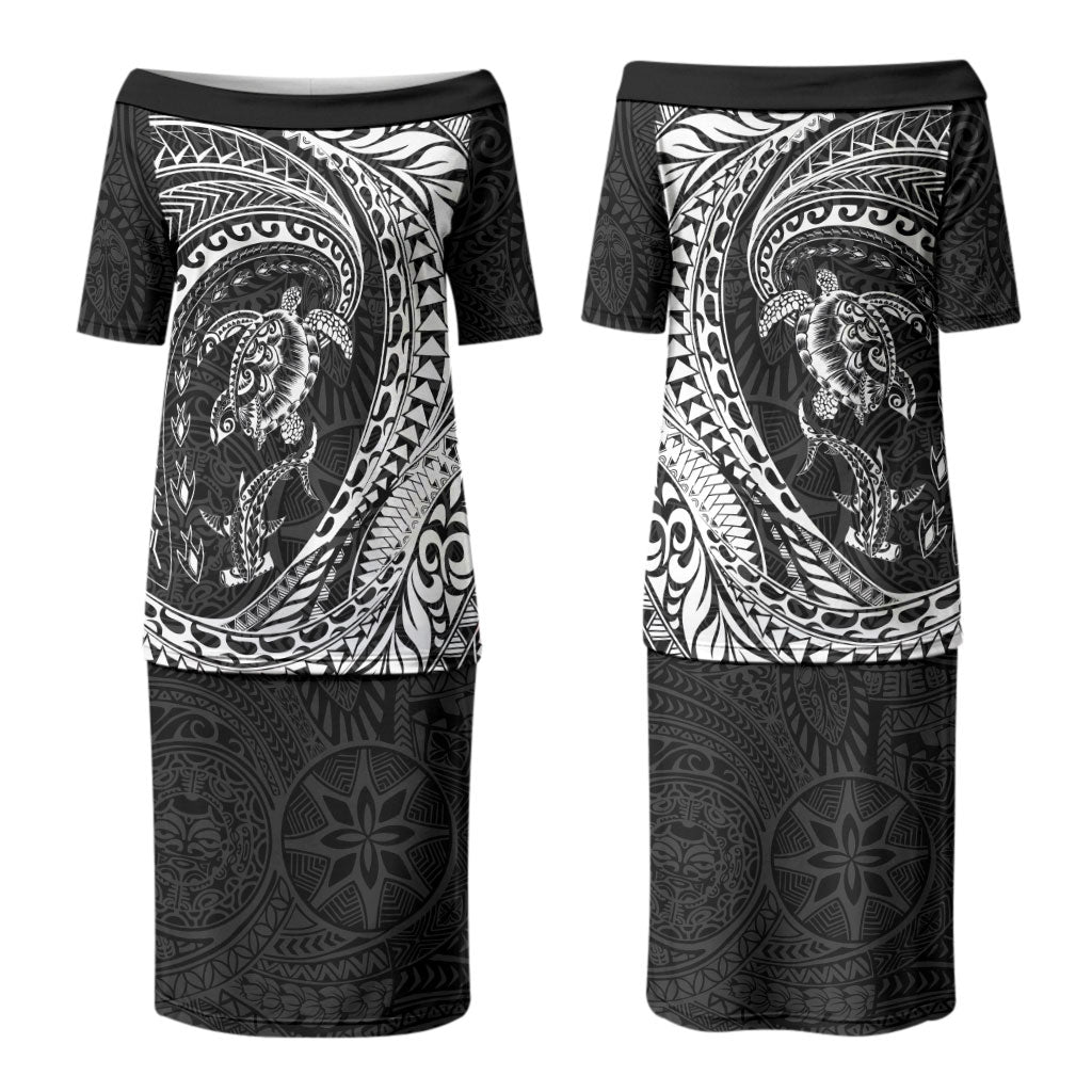 Hawaiian Turtle and Shark Couples Matching Puletasi and Long Sleeve Button Shirt Kakau Tribal with Polynesian Pattern Black Color