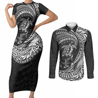 Hawaiian Turtle and Shark Couples Matching Short Sleeve Bodycon Dress and Long Sleeve Button Shirt Kakau Tribal with Polynesian Pattern Black Color