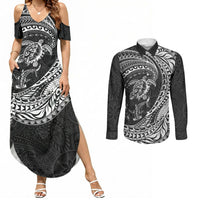 Hawaiian Turtle and Shark Couples Matching Summer Maxi Dress and Long Sleeve Button Shirt Kakau Tribal with Polynesian Pattern Black Color