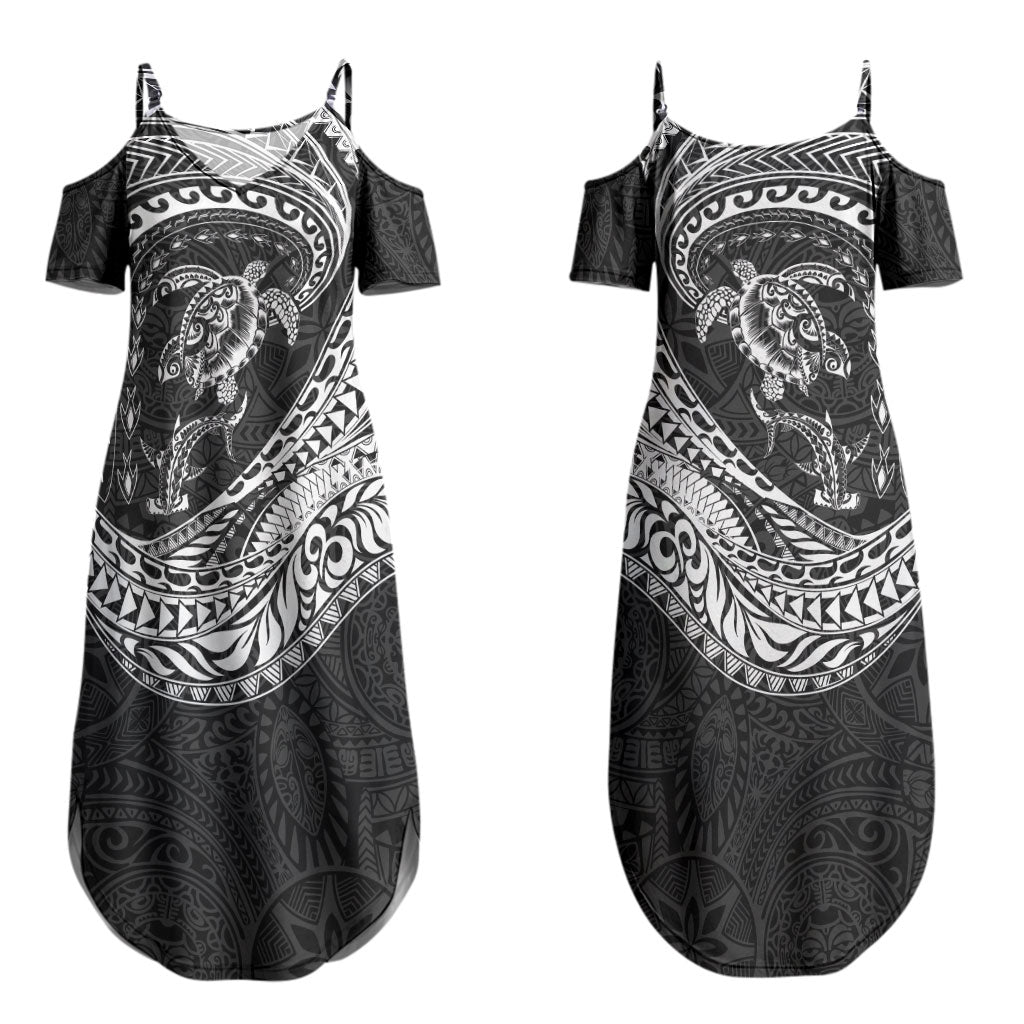 Hawaiian Turtle and Shark Couples Matching Summer Maxi Dress and Long Sleeve Button Shirt Kakau Tribal with Polynesian Pattern Black Color