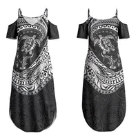 Hawaiian Turtle and Shark Couples Matching Summer Maxi Dress and Long Sleeve Button Shirt Kakau Tribal with Polynesian Pattern Black Color