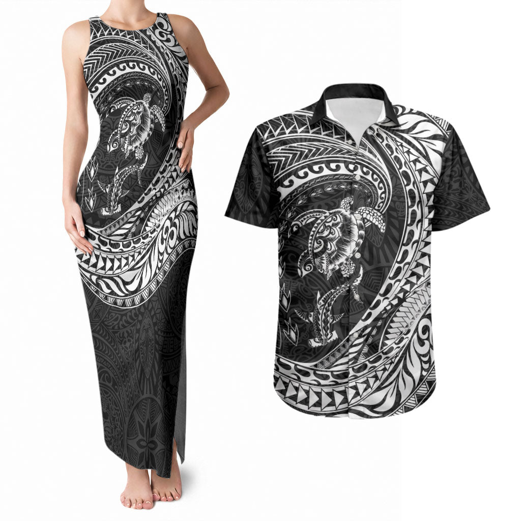Hawaiian Turtle and Shark Couples Matching Tank Maxi Dress and Hawaiian Shirt Kakau Tribal with Polynesian Pattern Black Color