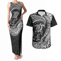 Hawaiian Turtle and Shark Couples Matching Tank Maxi Dress and Hawaiian Shirt Kakau Tribal with Polynesian Pattern Black Color