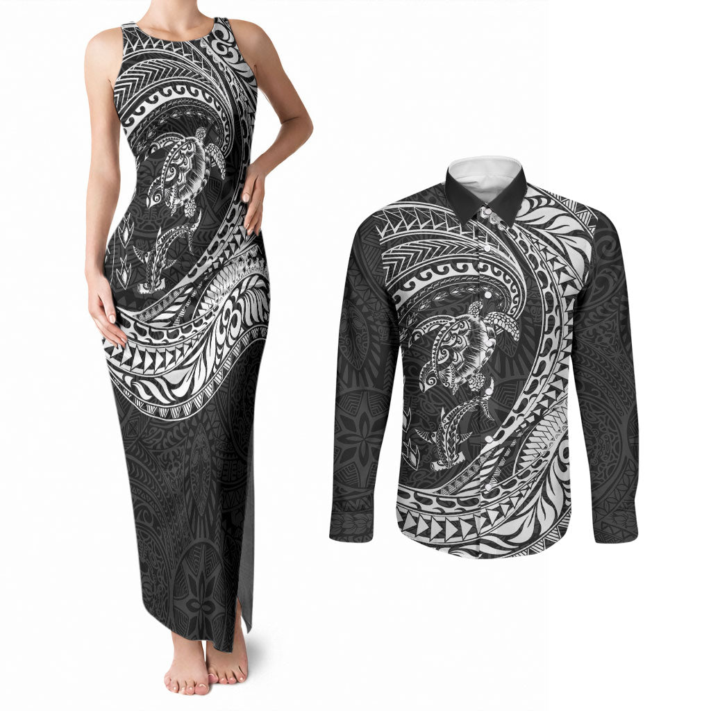 Hawaiian Turtle and Shark Couples Matching Tank Maxi Dress and Long Sleeve Button Shirt Kakau Tribal with Polynesian Pattern Black Color
