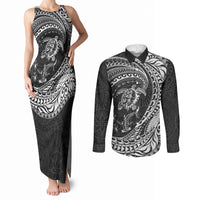 Hawaiian Turtle and Shark Couples Matching Tank Maxi Dress and Long Sleeve Button Shirt Kakau Tribal with Polynesian Pattern Black Color