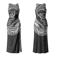 Hawaiian Turtle and Shark Couples Matching Tank Maxi Dress and Long Sleeve Button Shirt Kakau Tribal with Polynesian Pattern Black Color