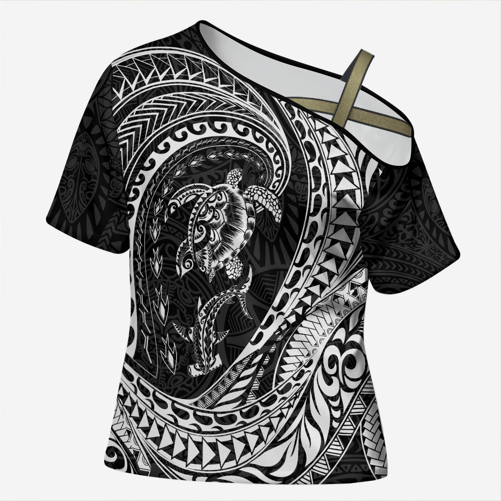 Hawaiian Turtle and Shark Cross Shoulder Shirt Kakau Tribal with Polynesian Pattern Black Color