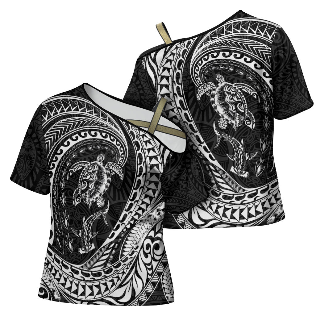 Hawaiian Turtle and Shark Cross Shoulder Shirt Kakau Tribal with Polynesian Pattern Black Color