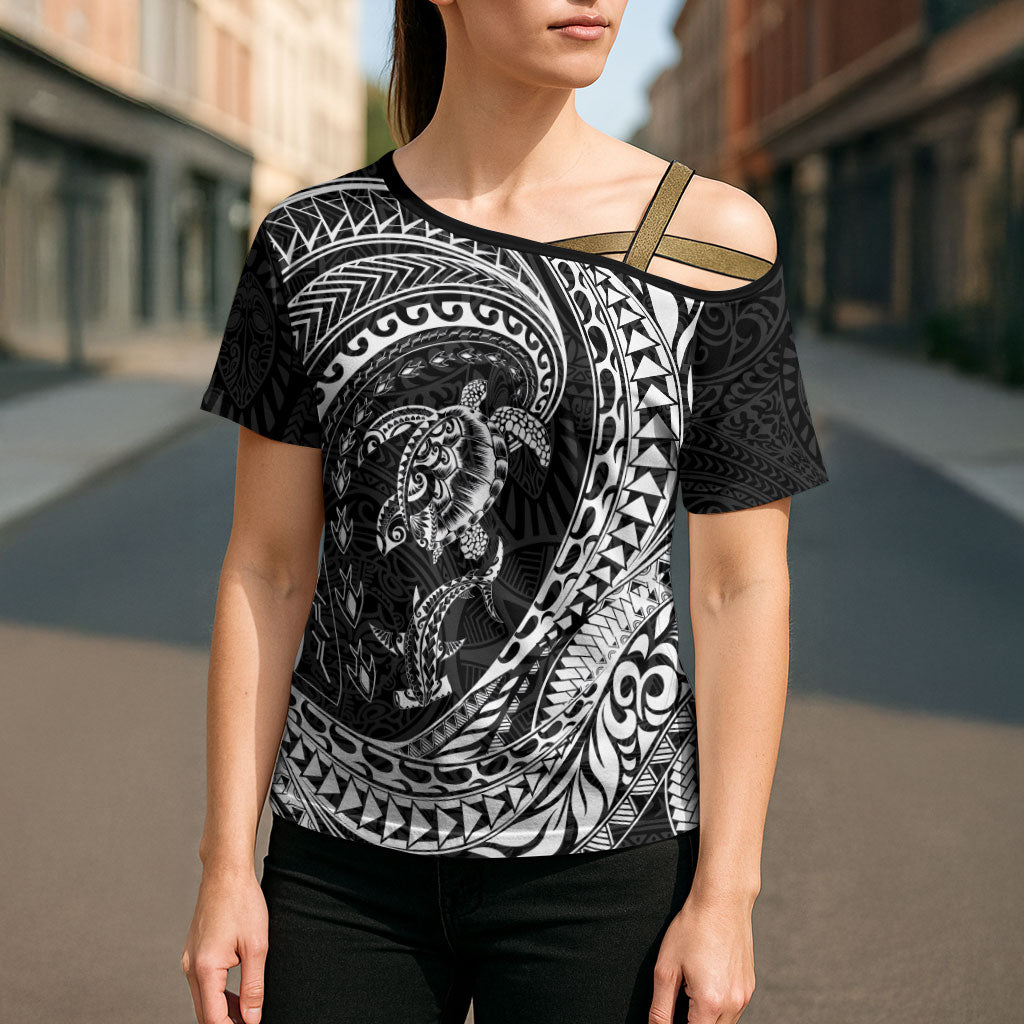 Hawaiian Turtle and Shark Cross Shoulder Shirt Kakau Tribal with Polynesian Pattern Black Color