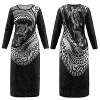 Hawaiian Turtle and Shark Family Matching Long Sleeve Bodycon Dress and Hawaiian Shirt Kakau Tribal with Polynesian Pattern Black Color