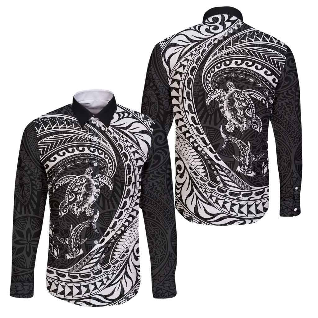 Hawaiian Turtle and Shark Family Matching Long Sleeve Bodycon Dress and Hawaiian Shirt Kakau Tribal with Polynesian Pattern Black Color