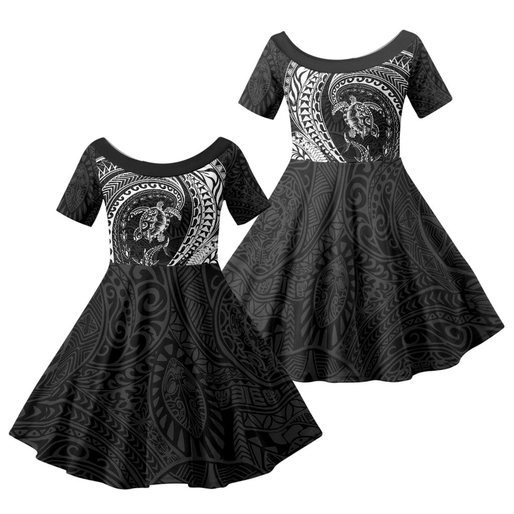 Hawaiian Turtle and Shark Family Matching Long Sleeve Bodycon Dress and Hawaiian Shirt Kakau Tribal with Polynesian Pattern Black Color