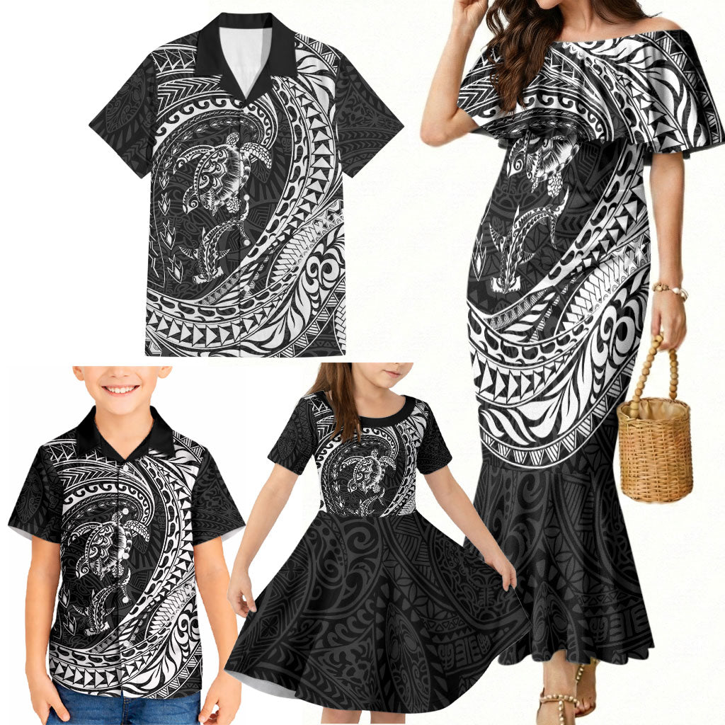 Hawaiian Turtle and Shark Family Matching Mermaid Dress and Hawaiian Shirt Kakau Tribal with Polynesian Pattern Black Color