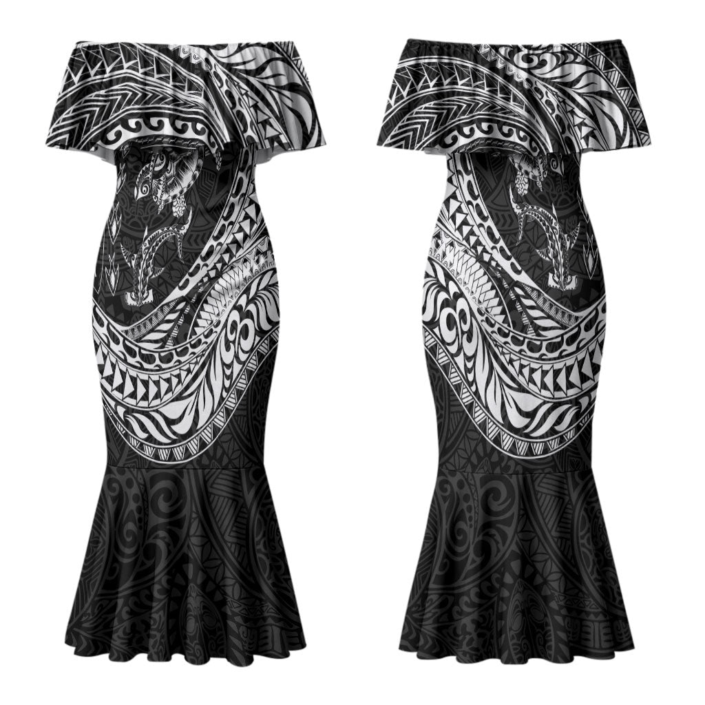 Hawaiian Turtle and Shark Family Matching Mermaid Dress and Hawaiian Shirt Kakau Tribal with Polynesian Pattern Black Color