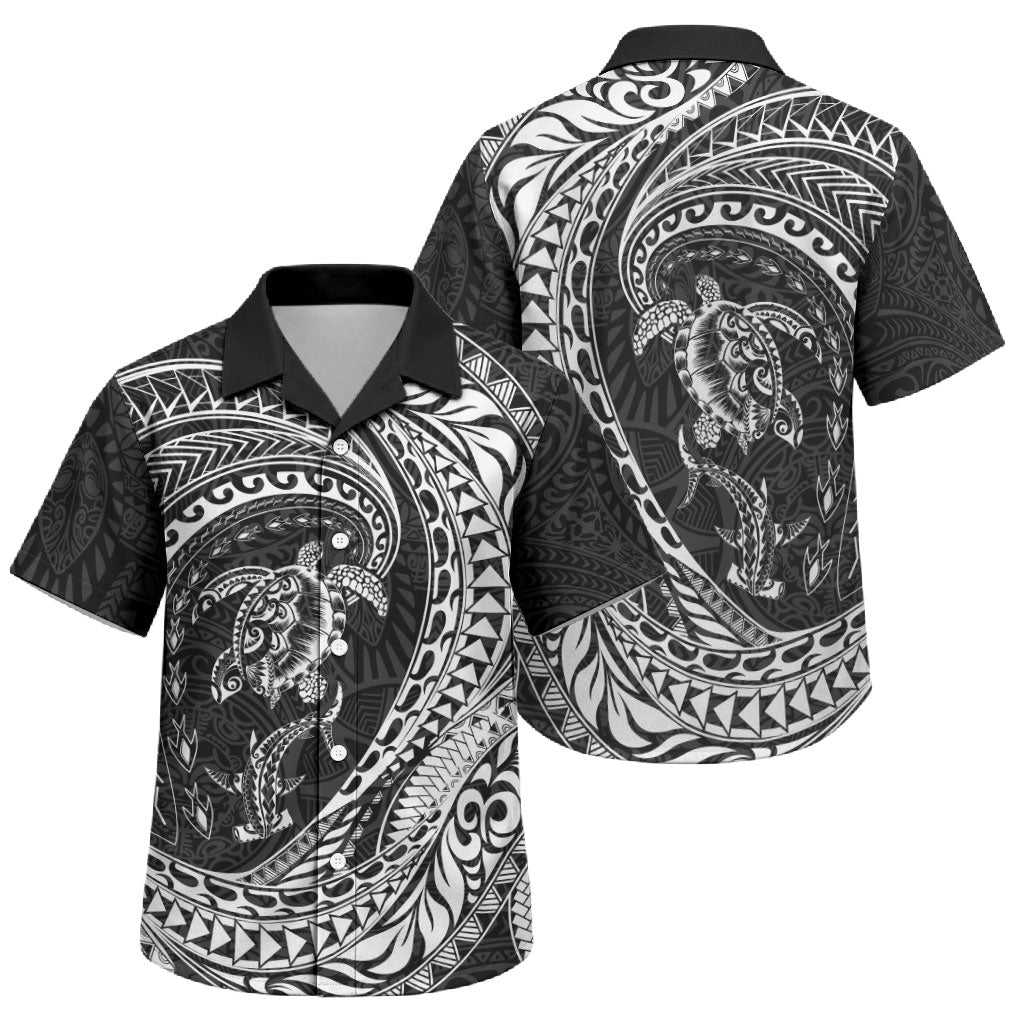 Hawaiian Turtle and Shark Family Matching Off The Shoulder Long Sleeve Dress and Hawaiian Shirt Kakau Tribal with Polynesian Pattern Black Color