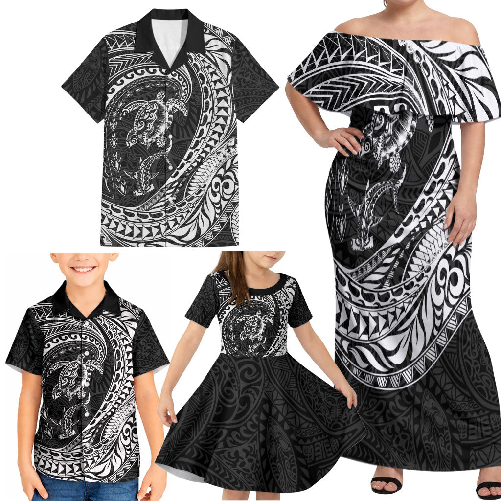 Hawaiian Turtle and Shark Family Matching Off Shoulder Maxi Dress and Hawaiian Shirt Kakau Tribal with Polynesian Pattern Black Color
