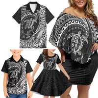 Hawaiian Turtle and Shark Family Matching Off Shoulder Short Dress and Hawaiian Shirt Kakau Tribal with Polynesian Pattern Black Color