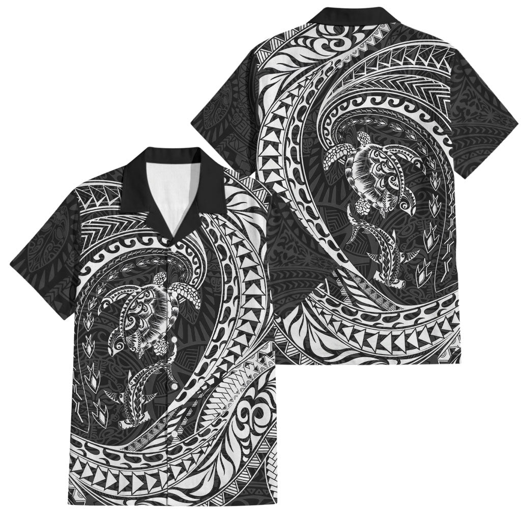 Hawaiian Turtle and Shark Family Matching Puletasi and Hawaiian Shirt Kakau Tribal with Polynesian Pattern Black Color