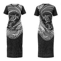 Hawaiian Turtle and Shark Family Matching Short Sleeve Bodycon Dress and Hawaiian Shirt Kakau Tribal with Polynesian Pattern Black Color