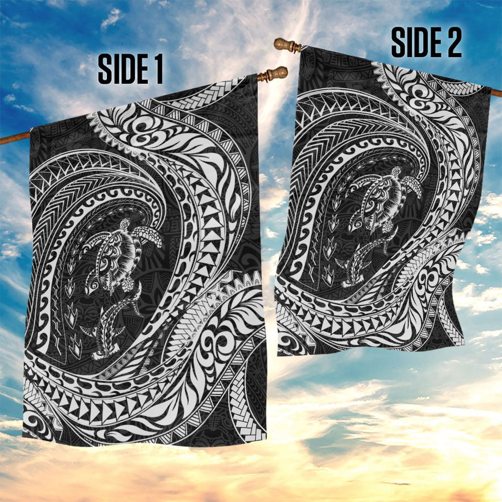 Hawaiian Turtle and Shark Garden Flag Kakau Tribal with Polynesian Pattern Black Color