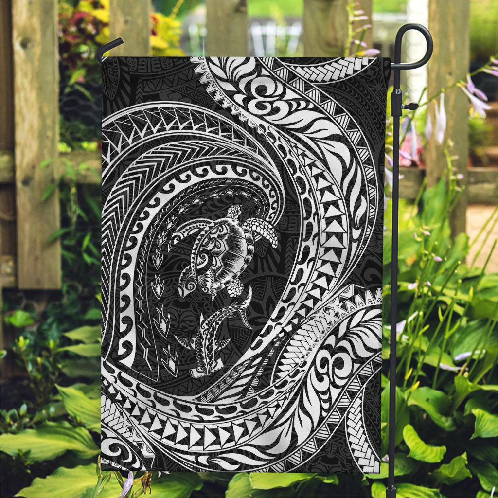 Hawaiian Turtle and Shark Garden Flag Kakau Tribal with Polynesian Pattern Black Color