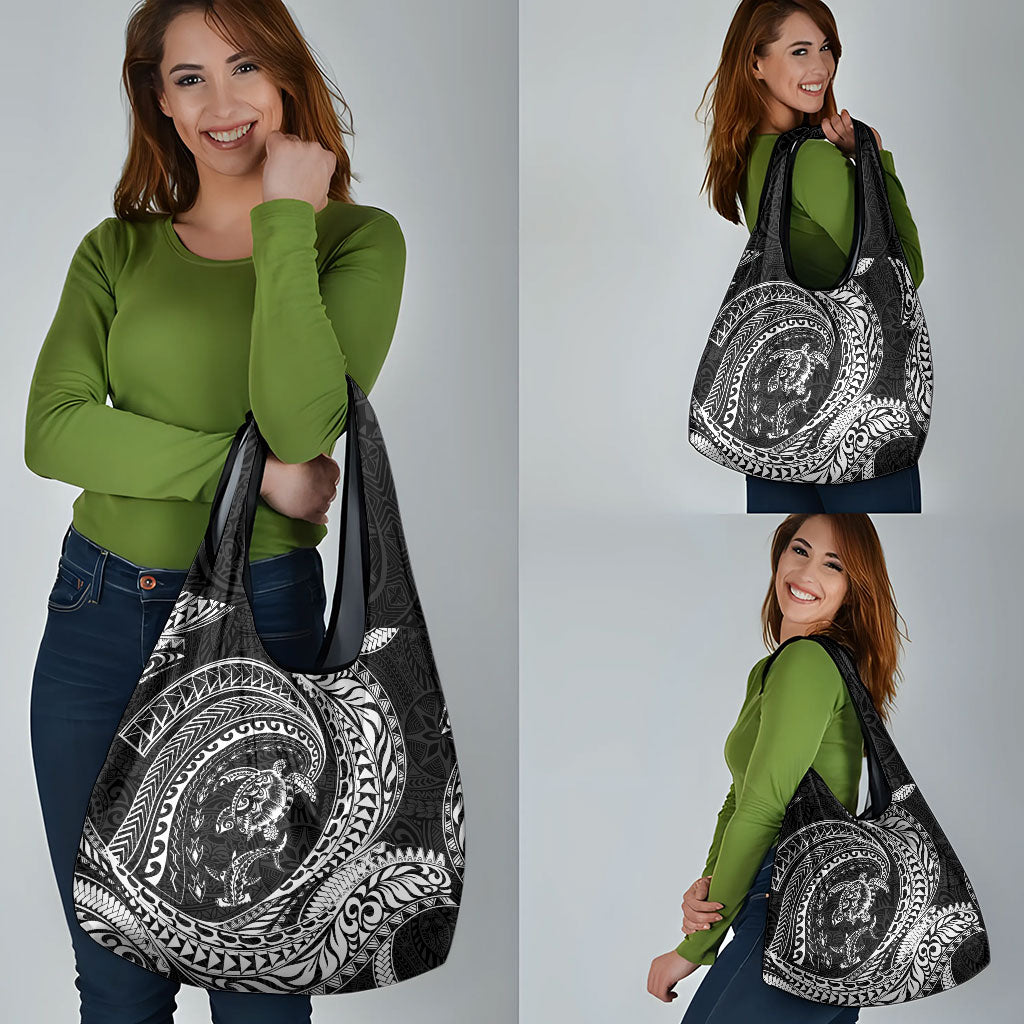 Hawaiian Turtle and Shark Grocery Bag Kakau Tribal with Polynesian Pattern Black Color