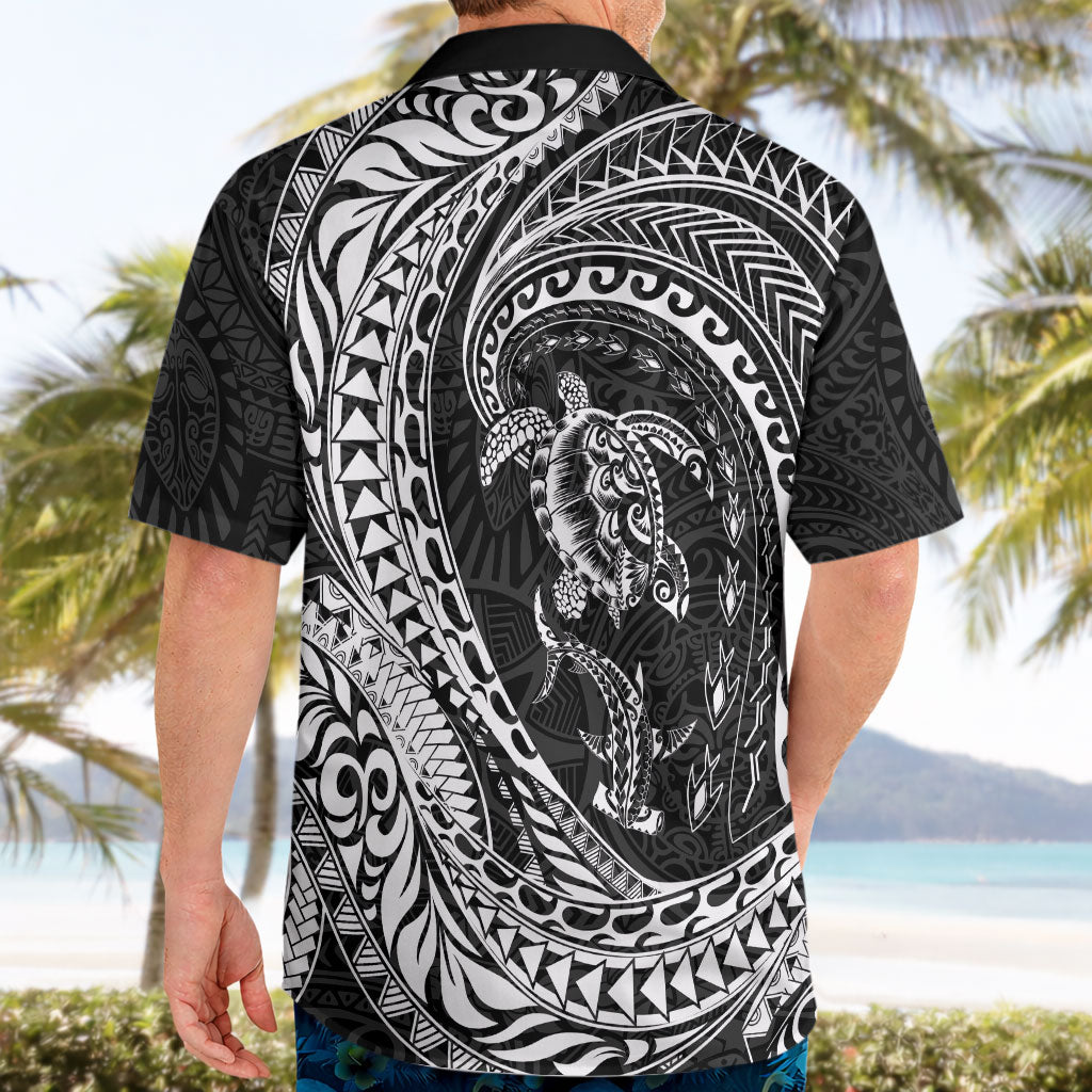 Hawaiian Turtle and Shark Hawaiian Shirt Kakau Tribal with Polynesian Pattern Black Color