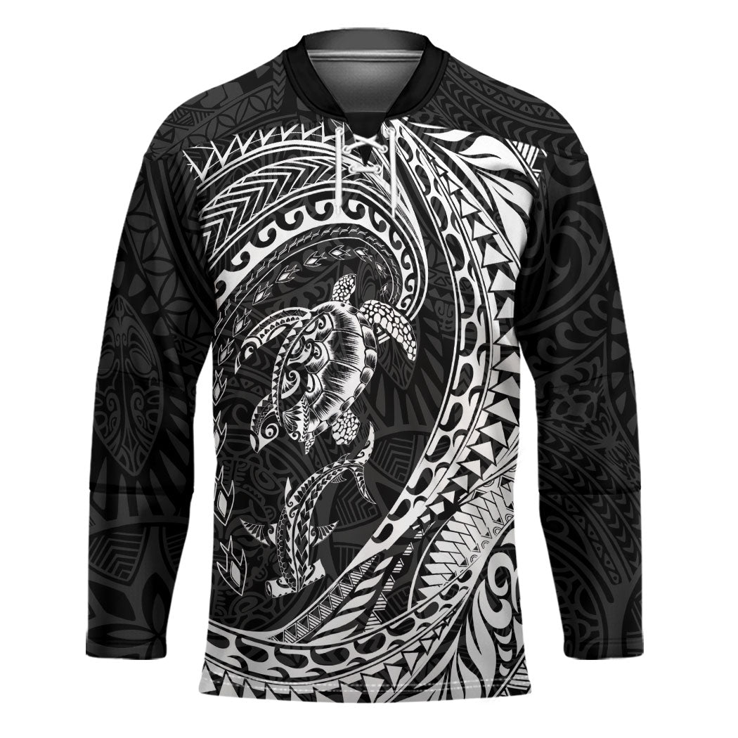 Hawaiian Turtle and Shark Hockey Jersey Kakau Tribal with Polynesian Pattern Black Color