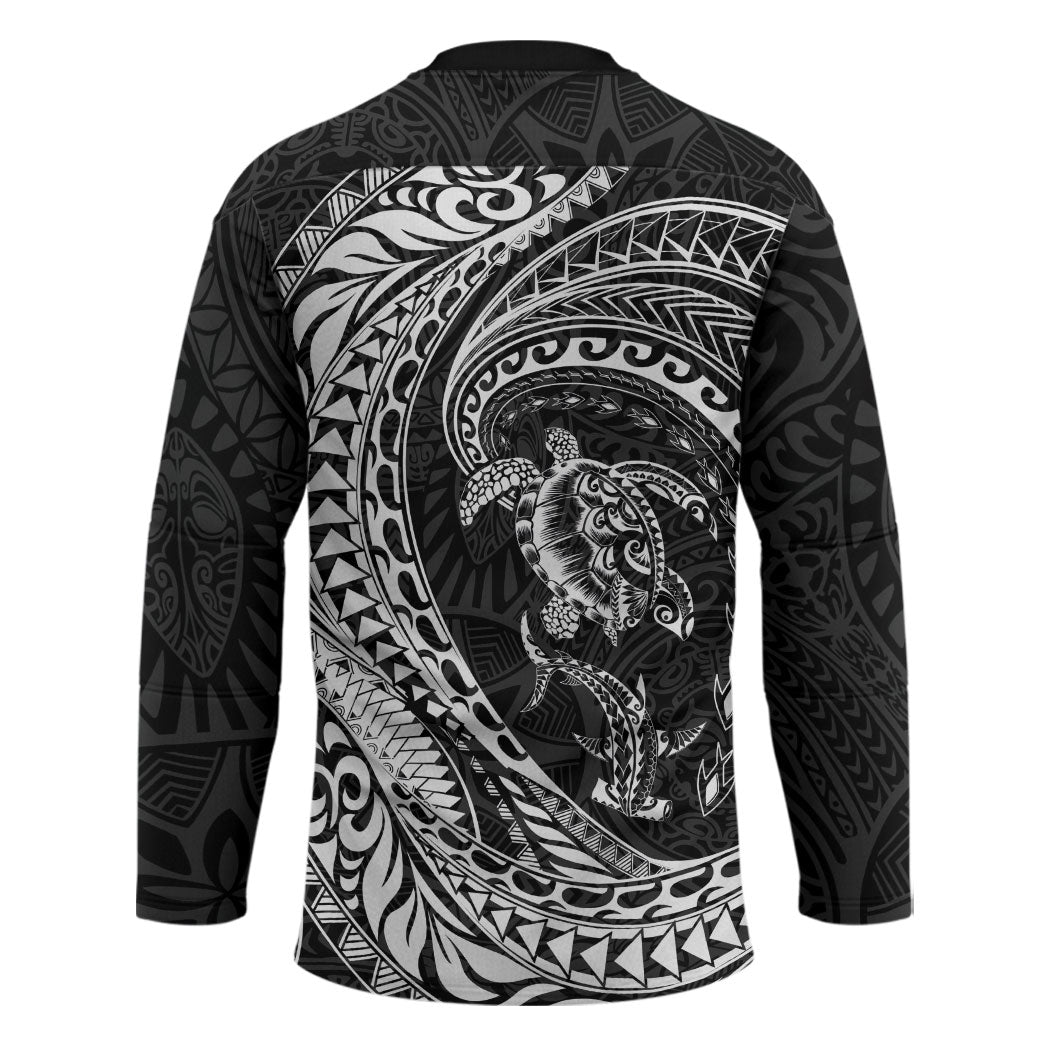 Hawaiian Turtle and Shark Hockey Jersey Kakau Tribal with Polynesian Pattern Black Color