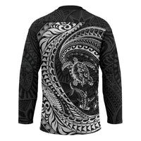 Hawaiian Turtle and Shark Hockey Jersey Kakau Tribal with Polynesian Pattern Black Color