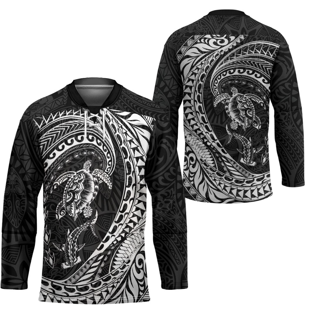 Hawaiian Turtle and Shark Hockey Jersey Kakau Tribal with Polynesian Pattern Black Color