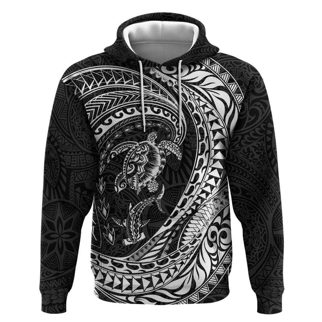 Hawaiian Turtle and Shark Hoodie Kakau Tribal with Polynesian Pattern Black Color
