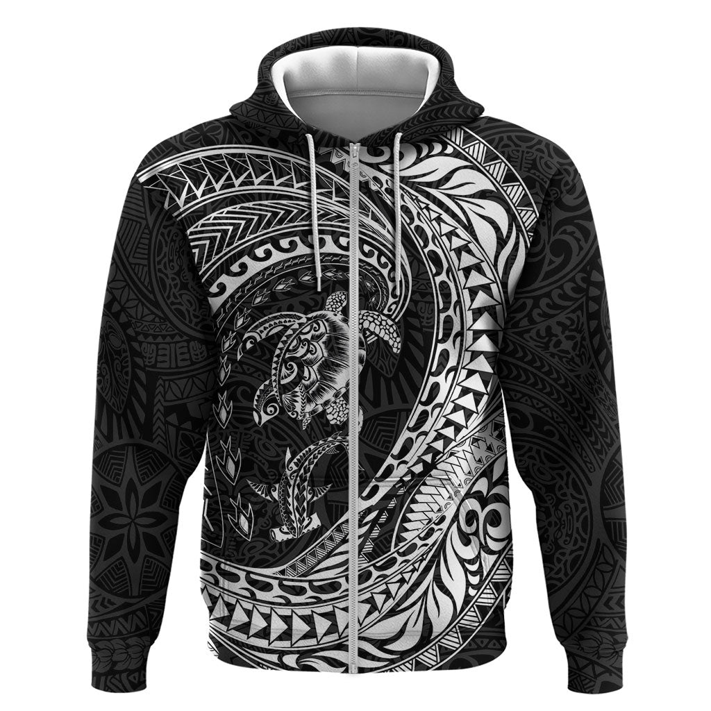 Hawaiian Turtle and Shark Hoodie Kakau Tribal with Polynesian Pattern Black Color
