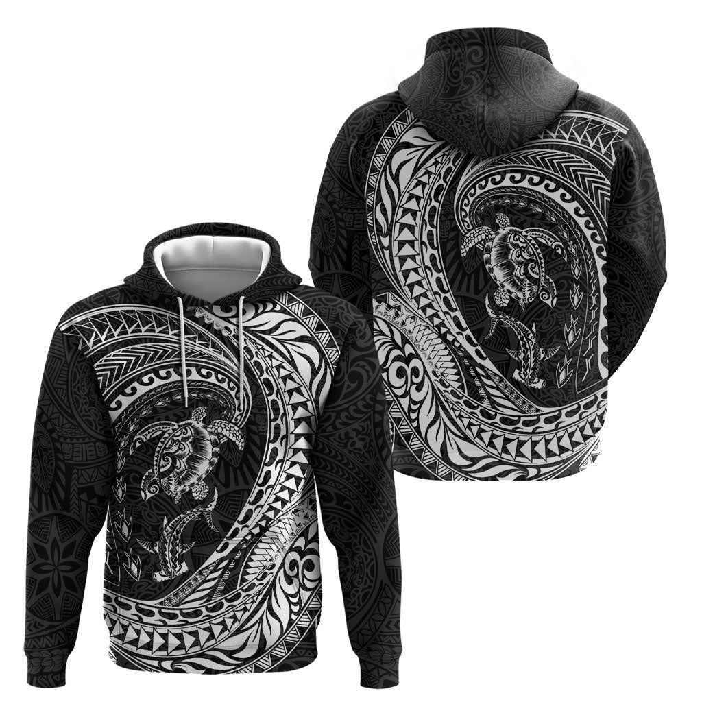 Hawaiian Turtle and Shark Hoodie Kakau Tribal with Polynesian Pattern Black Color