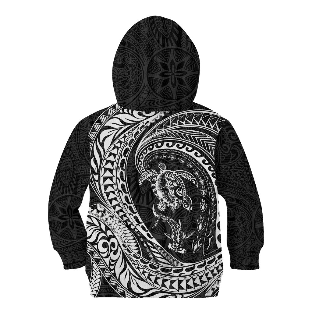 Hawaiian Turtle and Shark Kid Hoodie Kakau Tribal with Polynesian Pattern Black Color