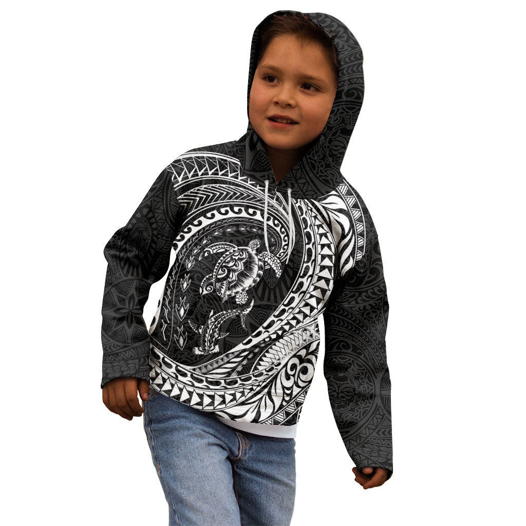 Hawaiian Turtle and Shark Kid Hoodie Kakau Tribal with Polynesian Pattern Black Color