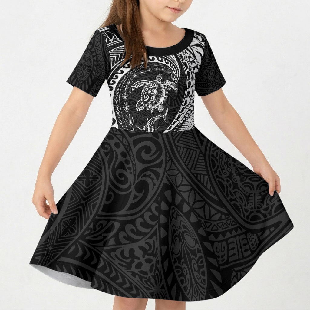 Hawaiian Turtle and Shark Kid Short Sleeve Dress Kakau Tribal with Polynesian Pattern Black Color
