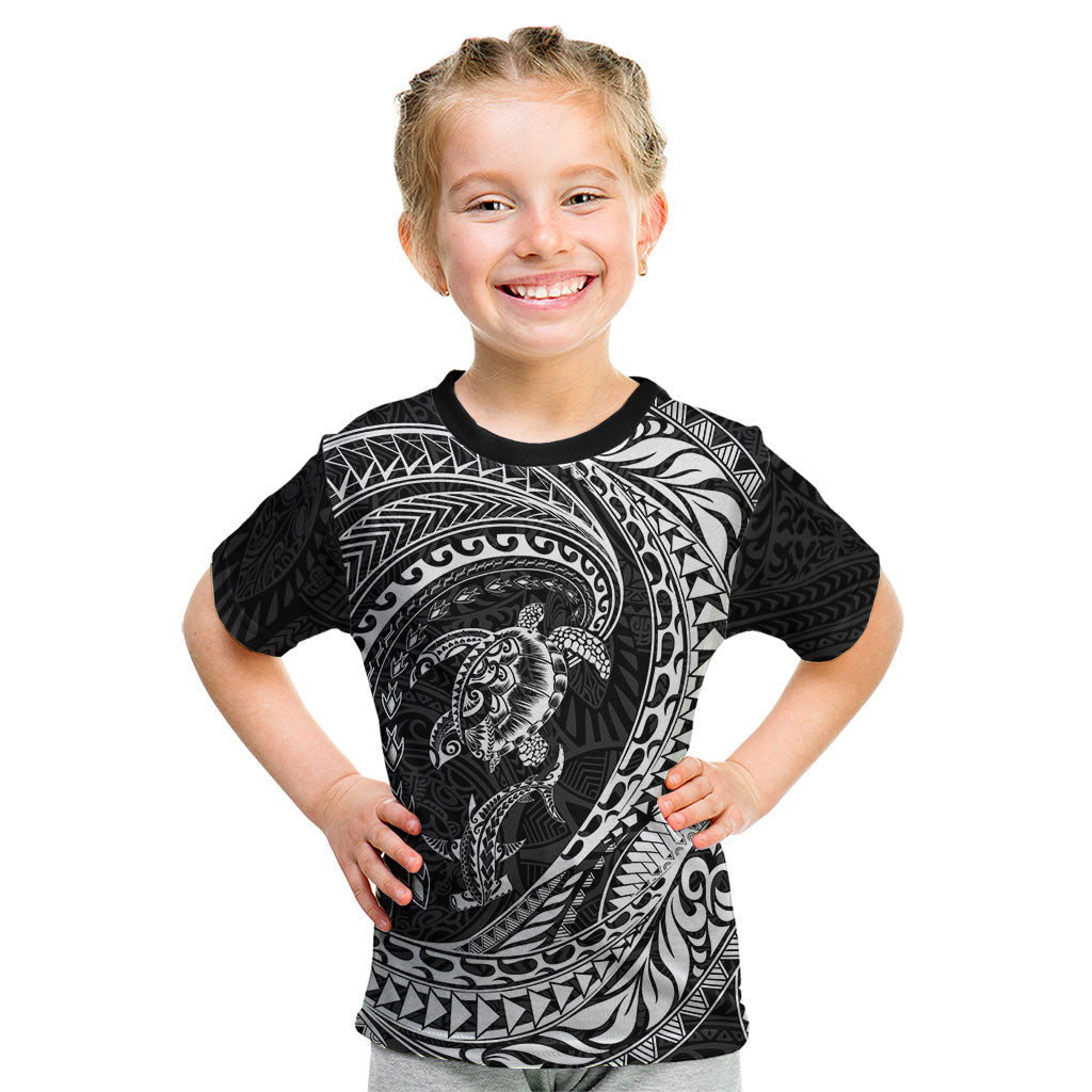 Hawaiian Turtle and Shark Kid T Shirt Kakau Tribal with Polynesian Pattern Black Color