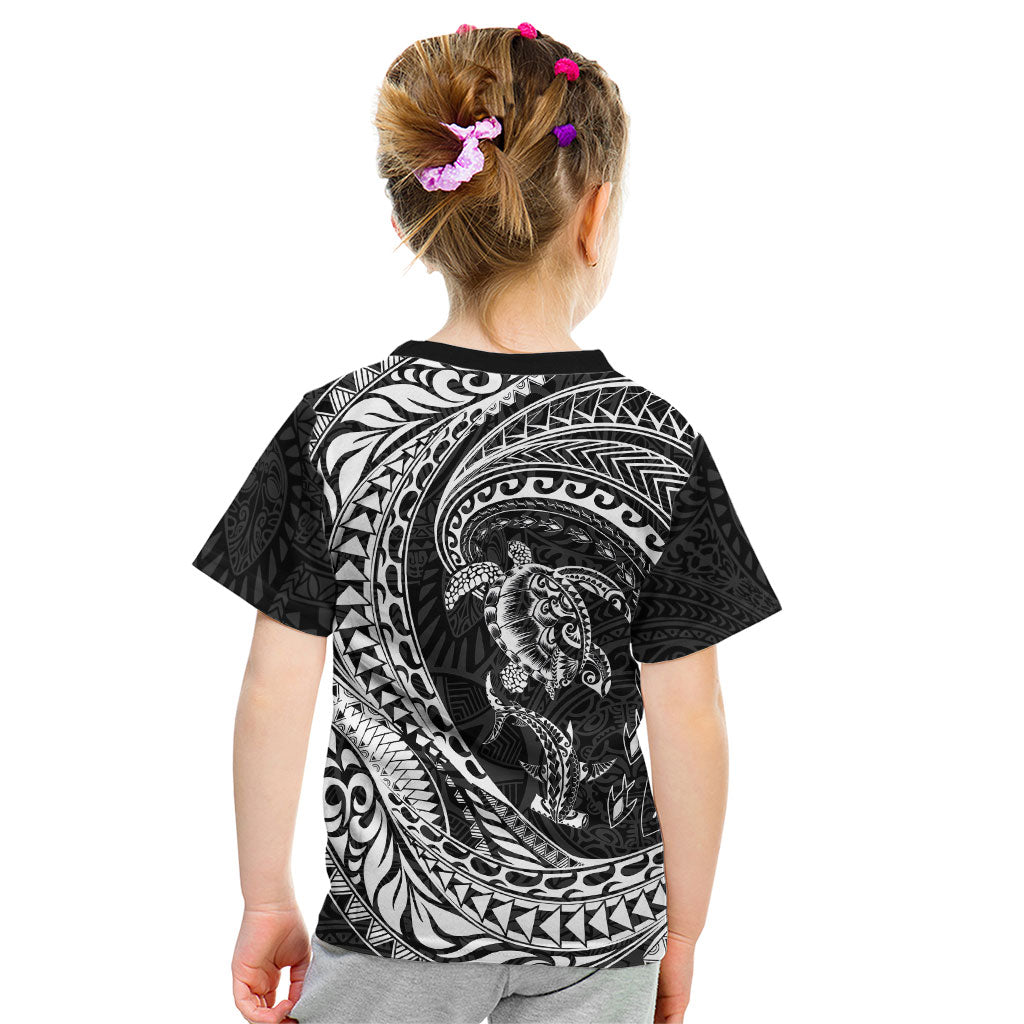 Hawaiian Turtle and Shark Kid T Shirt Kakau Tribal with Polynesian Pattern Black Color