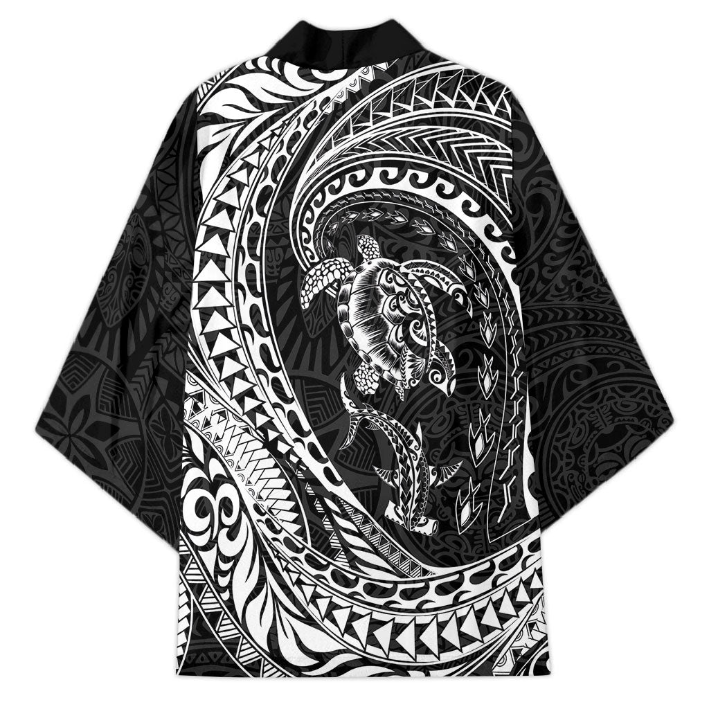 Hawaiian Turtle and Shark Kimono Kakau Tribal with Polynesian Pattern Black Color