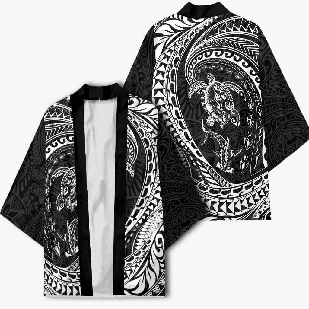 Hawaiian Turtle and Shark Kimono Kakau Tribal with Polynesian Pattern Black Color