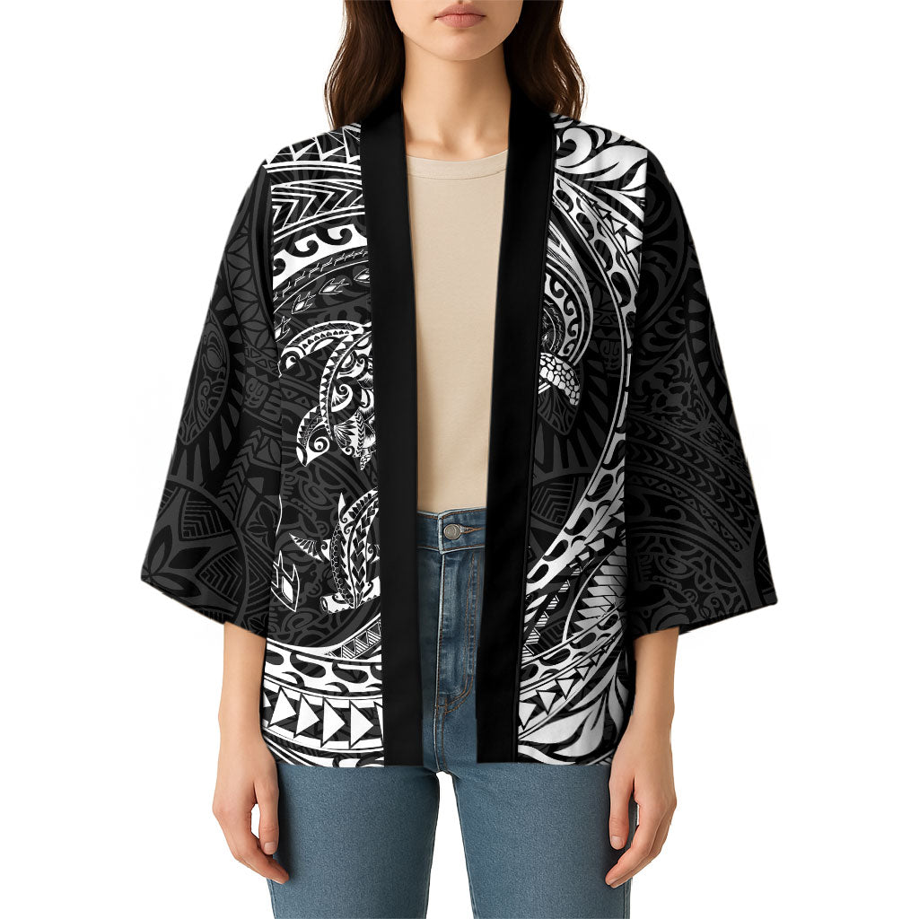 Hawaiian Turtle and Shark Kimono Kakau Tribal with Polynesian Pattern Black Color