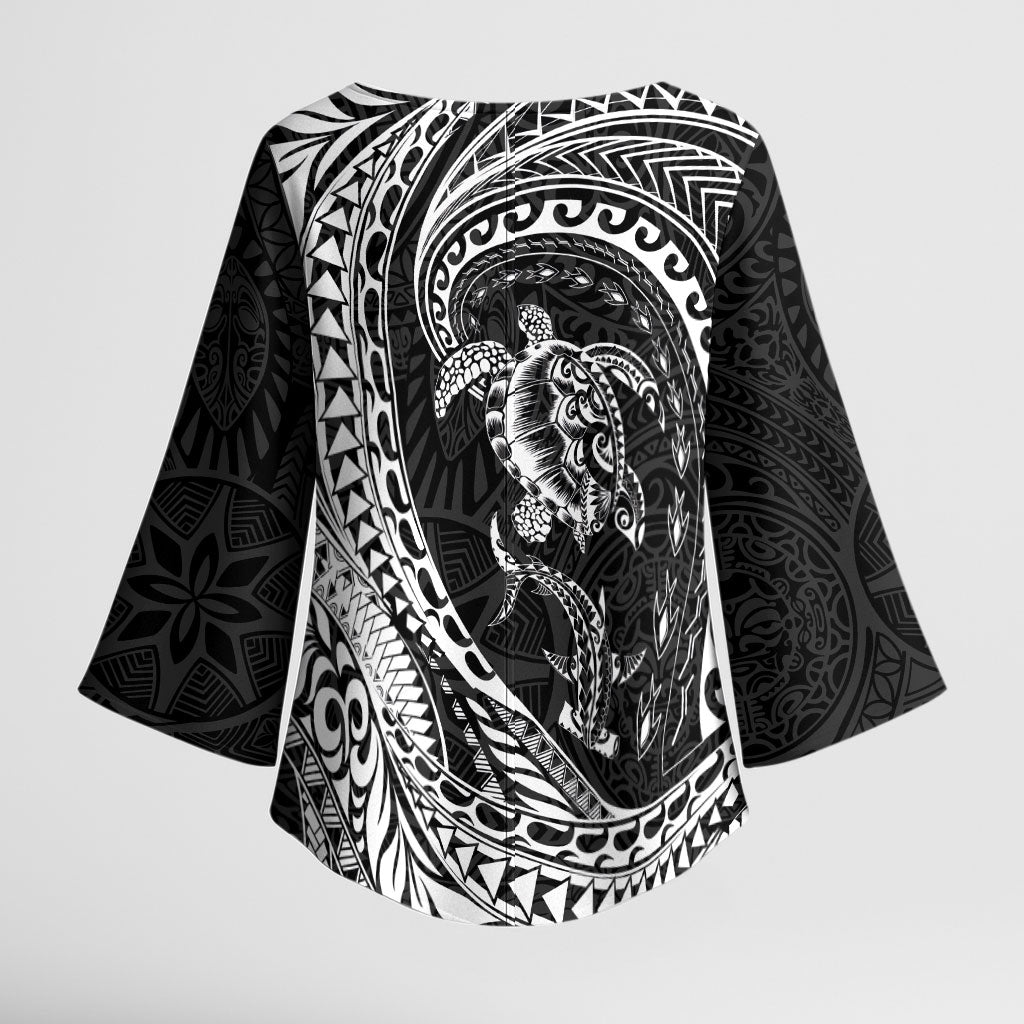Hawaiian Turtle and Shark Kimono Sleeve Blouse Kakau Tribal with Polynesian Pattern Black Color
