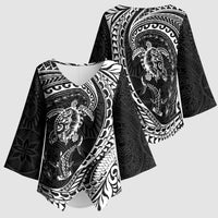 Hawaiian Turtle and Shark Kimono Sleeve Blouse Kakau Tribal with Polynesian Pattern Black Color