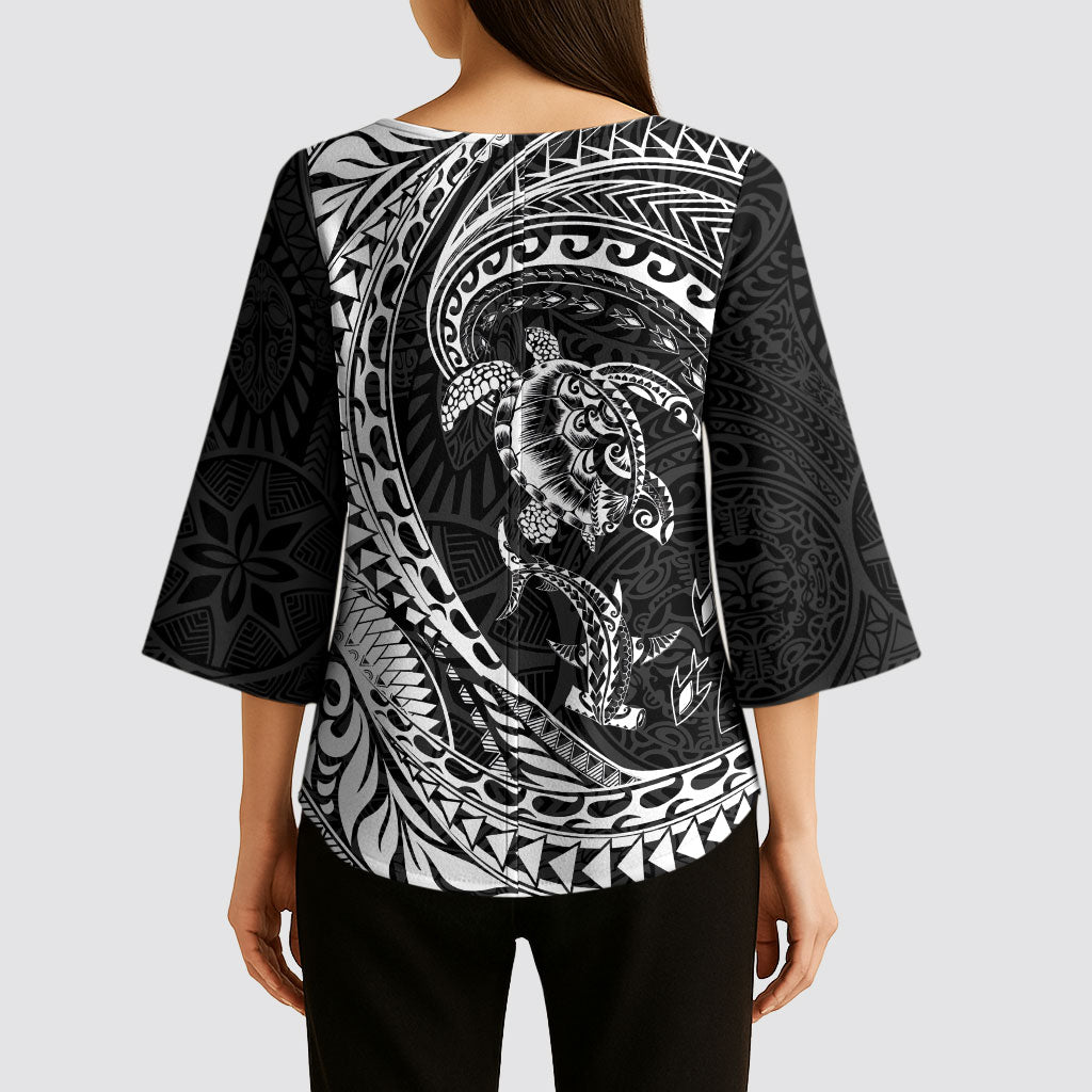 Hawaiian Turtle and Shark Kimono Sleeve Blouse Kakau Tribal with Polynesian Pattern Black Color