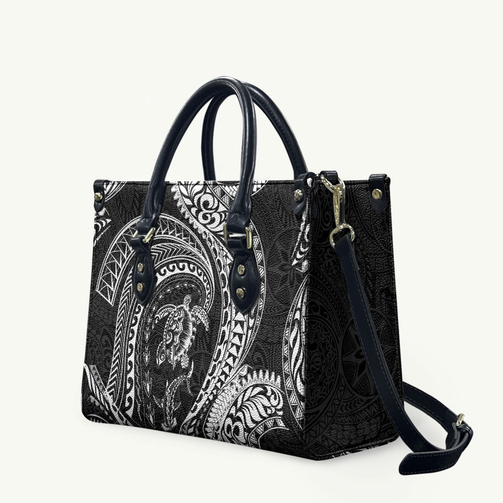 Hawaiian Turtle and Shark Leather Bag Kakau Tribal with Polynesian Pattern Black Color