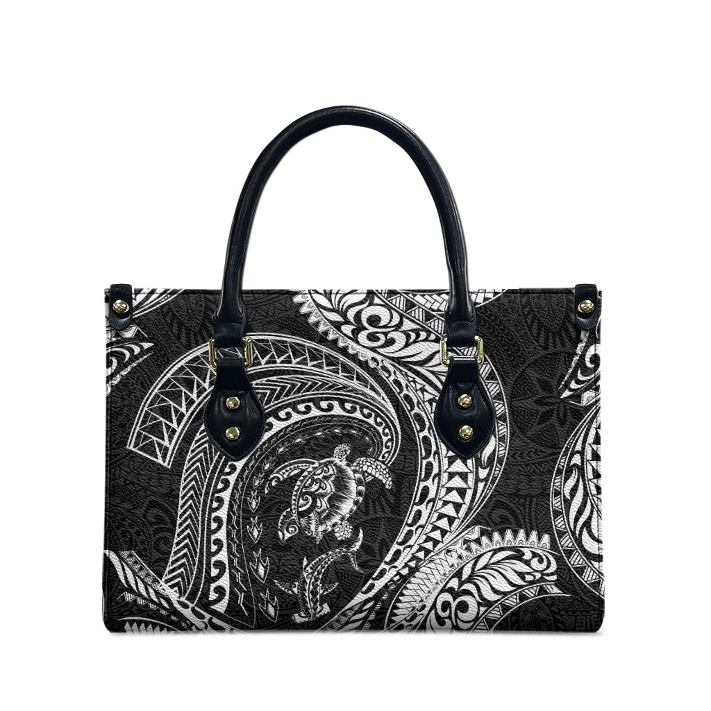 Hawaiian Turtle and Shark Leather Bag Kakau Tribal with Polynesian Pattern Black Color
