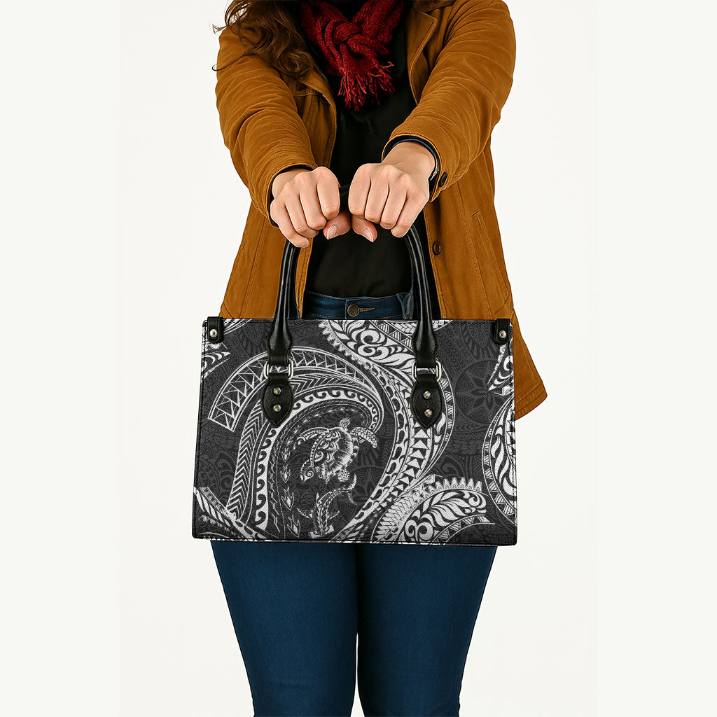 Hawaiian Turtle and Shark Leather Bag Kakau Tribal with Polynesian Pattern Black Color