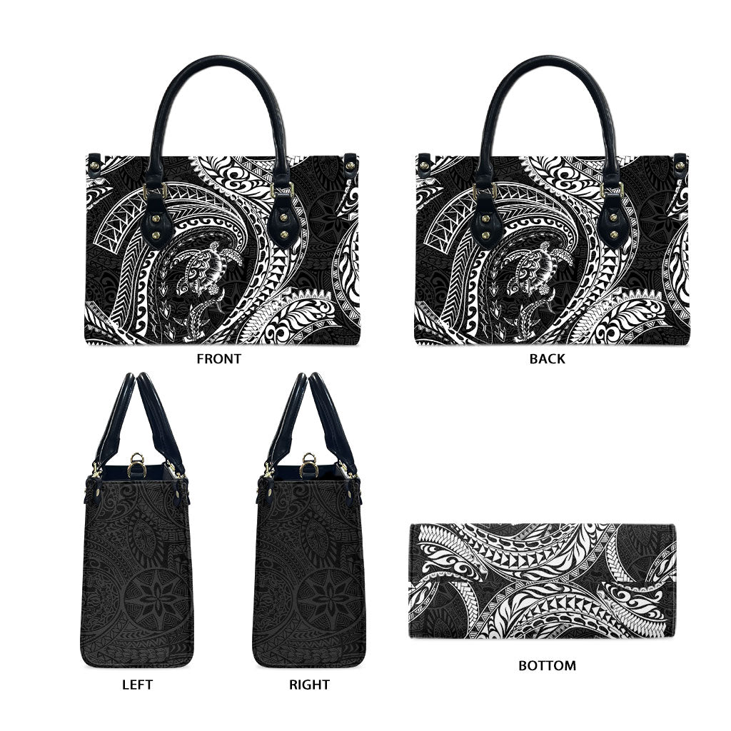 Hawaiian Turtle and Shark Leather Bag Kakau Tribal with Polynesian Pattern Black Color