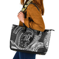 Hawaiian Turtle and Shark Leather Tote Bag Kakau Tribal with Polynesian Pattern Black Color